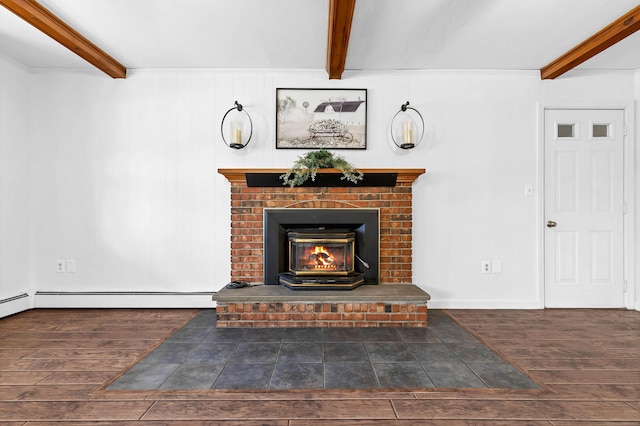 room details featuring beam ceiling, a baseboard radiator, a fireplace, and wood finished floors