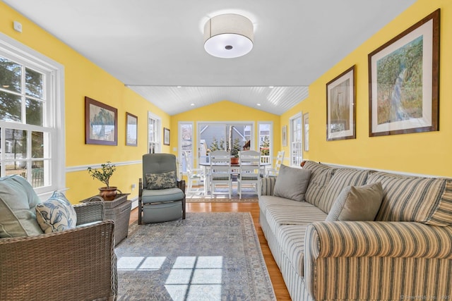 living room featuring wood finished floors and vaulted ceiling