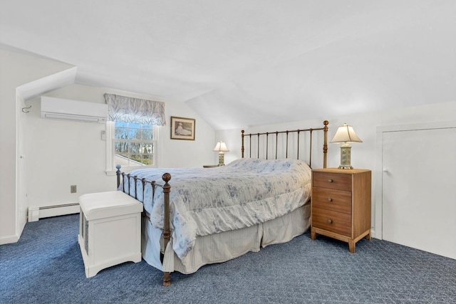 bedroom with a baseboard heating unit, an AC wall unit, carpet flooring, and lofted ceiling