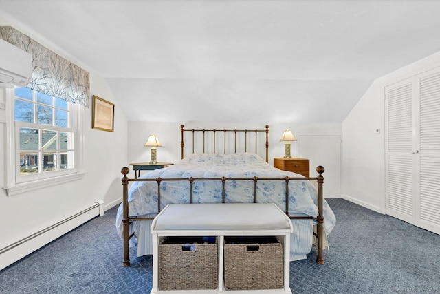 carpeted bedroom featuring vaulted ceiling, baseboards, and a baseboard radiator