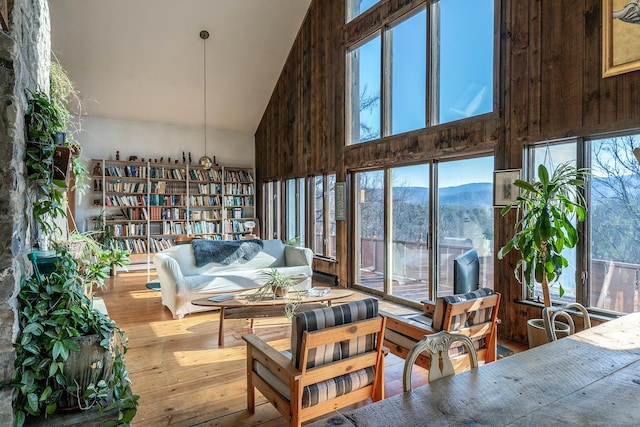 interior space featuring high vaulted ceiling and hardwood / wood-style flooring