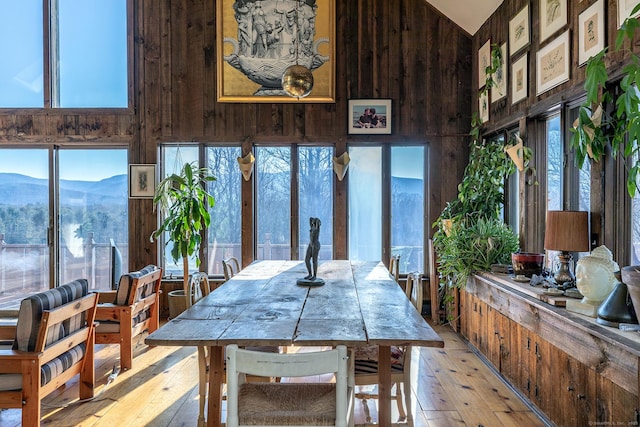 sunroom with a mountain view and vaulted ceiling