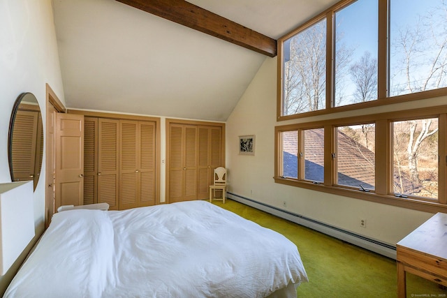 bedroom with high vaulted ceiling, a baseboard heating unit, beamed ceiling, carpet flooring, and two closets