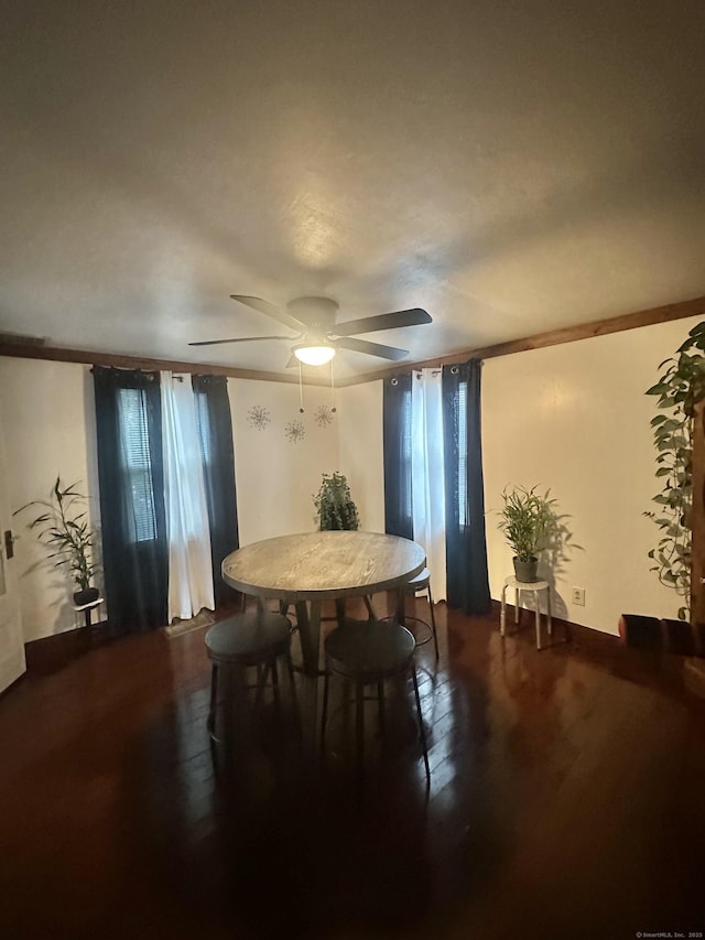 dining room featuring dark wood-type flooring and ceiling fan