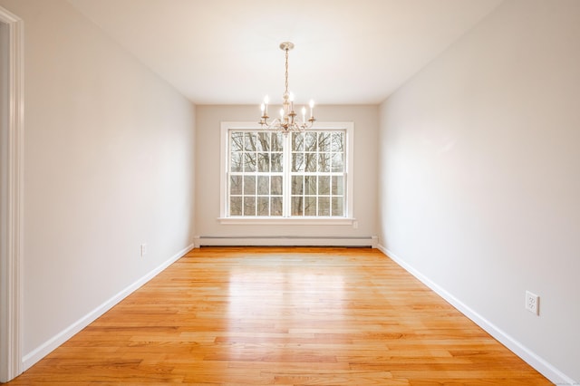 2 Old Middle Rd, Brookfield, CT 06804 - unfurnished dining area featuring a baseboard heating unit, a chandelier, light wood-type flooring, and baseboards