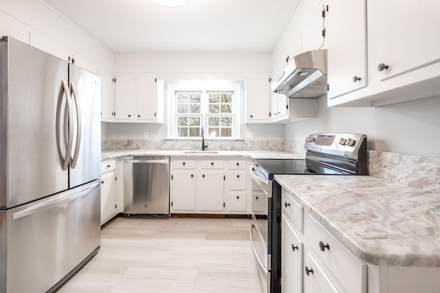2 Old Middle Rd, Brookfield, CT 06804 - kitchen with stainless steel appliances, under cabinet range hood, a sink, light countertops, and white cabinetry