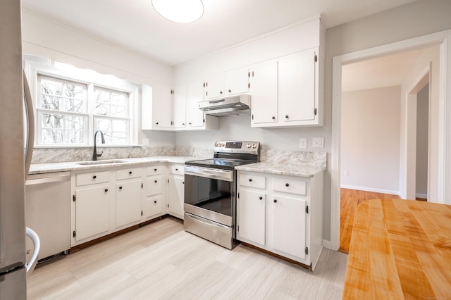 2 Old Middle Rd, Brookfield, CT 06804 - kitchen with stainless steel appliances, a sink, under cabinet range hood, white cabinets, and light wood-style flooring