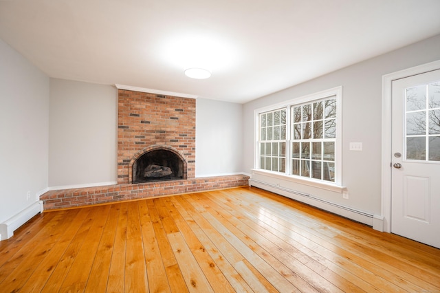 2 Old Middle Rd, Brookfield, CT 06804 - unfurnished living room featuring a baseboard radiator, a fireplace, and light wood finished floors