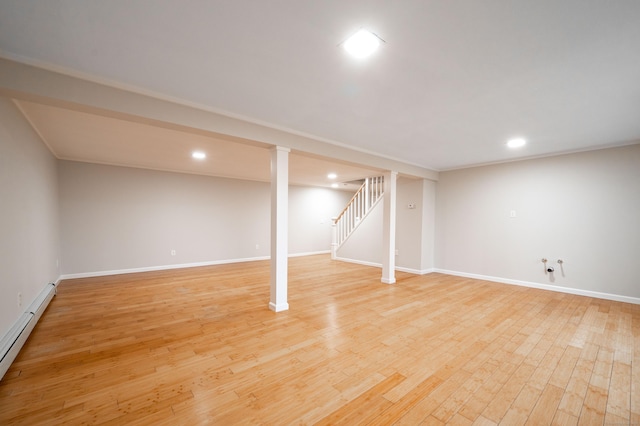 2 Old Middle Rd, Brookfield, CT 06804 - finished below grade area with a baseboard radiator, stairway, light wood-style flooring, recessed lighting, and baseboards
