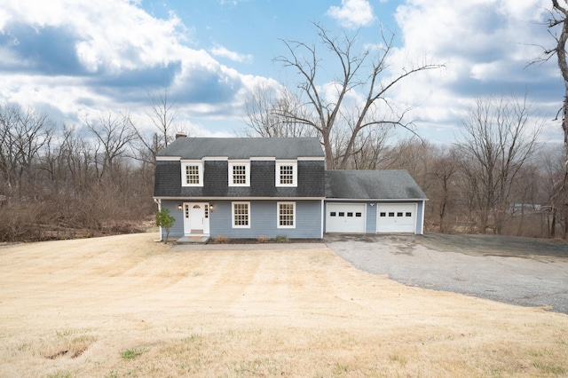 2 Old Middle Rd, Brookfield, CT 06804 - view of front of house featuring driveway, an attached garage, a shingled roof, and a chimney