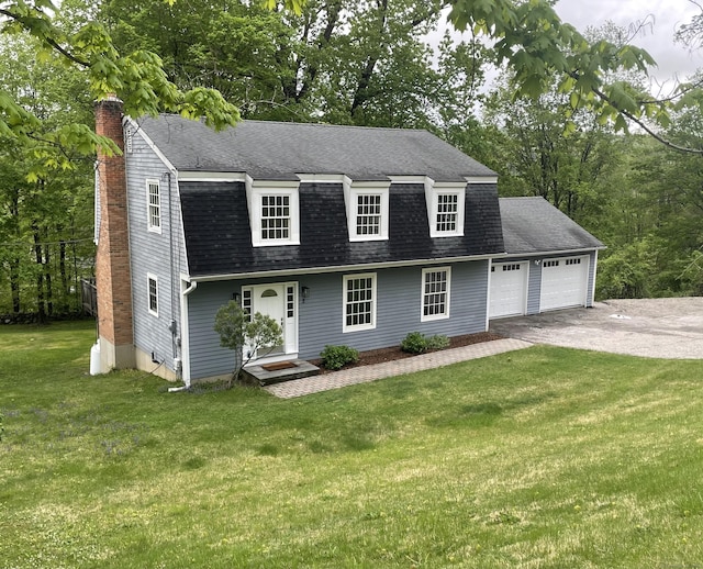 2 Old Middle Rd, Brookfield, CT 06804 - colonial inspired home featuring a garage, roof with shingles, a chimney, driveway, and a front yard