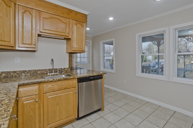 kitchen featuring crown molding, baseboards, stainless steel dishwasher, stone countertops, and a sink