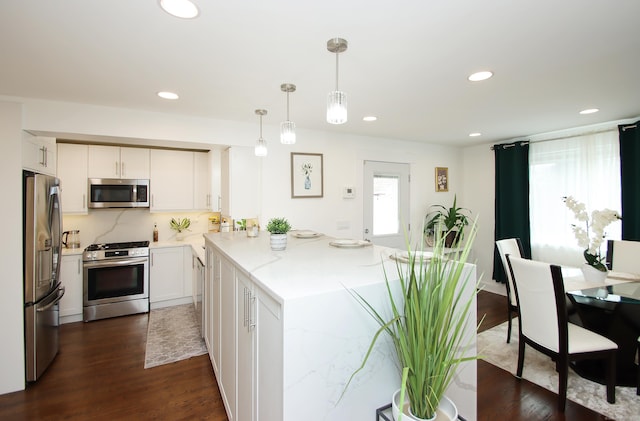 kitchen featuring dark wood-type flooring, backsplash, recessed lighting, stainless steel appliances, and white cabinets