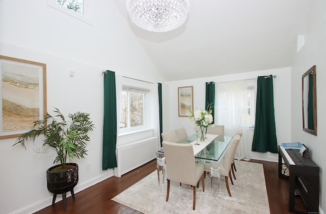 dining area featuring high vaulted ceiling, wood finished floors, radiator, an inviting chandelier, and baseboards