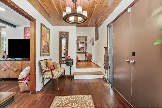135 Wildwood Dr, Stratford, CT 06614 - foyer featuring a baseboard radiator, hardwood / wood-style flooring, wood ceiling, an inviting chandelier, and baseboards