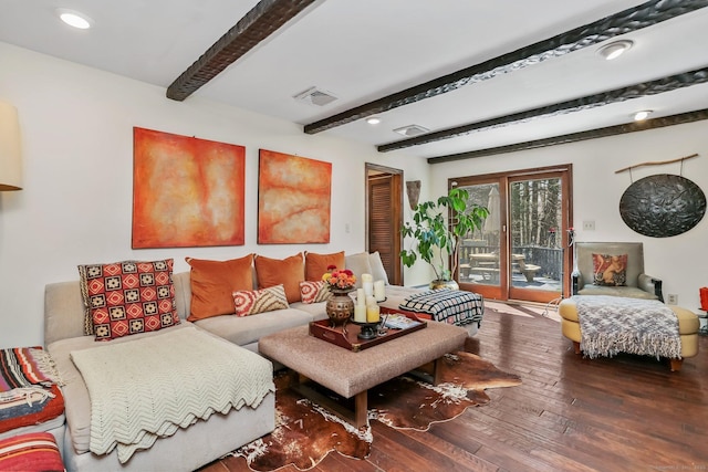 135 Wildwood Dr, Stratford, CT 06614 - living area featuring beamed ceiling, visible vents, recessed lighting, and wood-type flooring