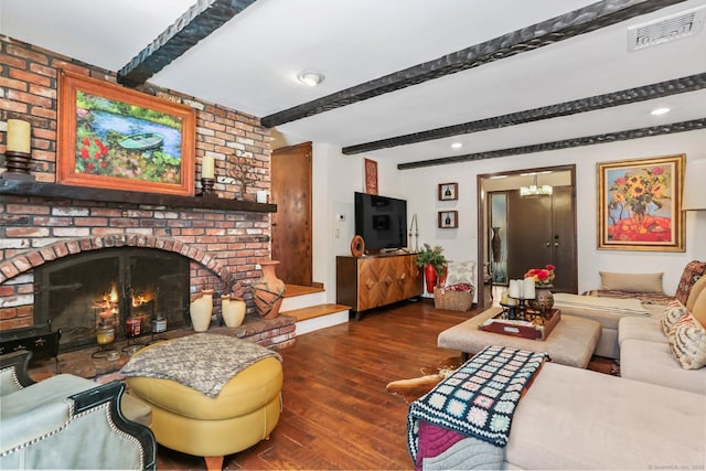 135 Wildwood Dr, Stratford, CT 06614 - living area featuring hardwood / wood-style floors, a notable chandelier, beam ceiling, visible vents, and recessed lighting