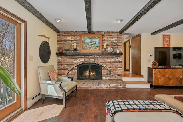 135 Wildwood Dr, Stratford, CT 06614 - living area featuring hardwood / wood-style flooring, a wealth of natural light, baseboard heating, and beamed ceiling