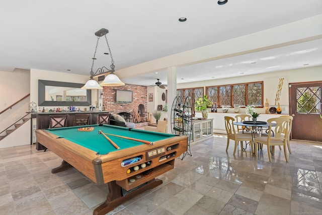 135 Wildwood Dr, Stratford, CT 06614 - recreation room with a fireplace, a ceiling fan, pool table, and recessed lighting