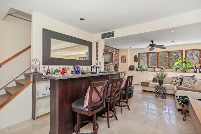 135 Wildwood Dr, Stratford, CT 06614 - bar with ceiling fan, bar area, recessed lighting, and stairway
