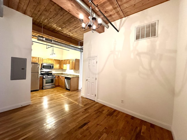 145 Canal St Unit 104, Shelton, CT 06484 - kitchen with stainless steel appliances, wooden ceiling, electric panel, light wood finished floors, and light countertops