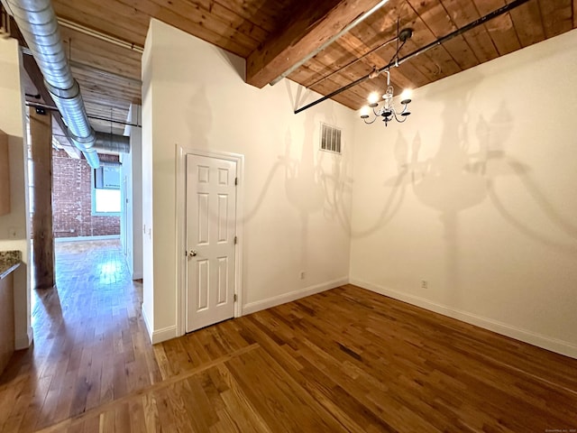145 Canal St Unit 104, Shelton, CT 06484 - unfurnished dining area with a wood ceiling with exposed beams, wood finished floors, and a chandelier