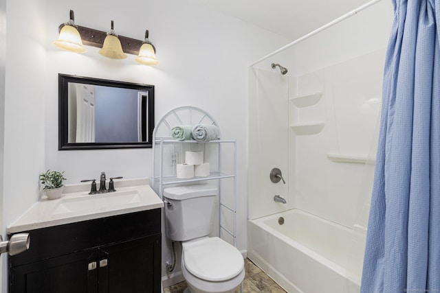 bathroom featuring toilet, vanity, baseboards, and shower / bath combination with curtain