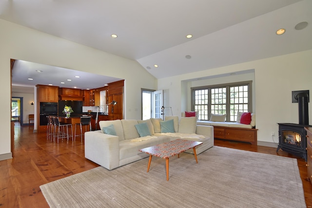 40 Shields Rd, Woodstock, CT 06281 - living area with a wood stove, lofted ceiling, wood finished floors, and recessed lighting