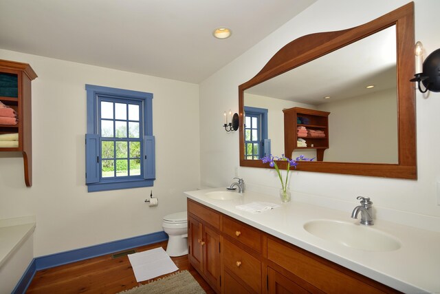 40 Shields Rd, Woodstock, CT 06281 - bathroom with baseboards, double vanity, wood finished floors, toilet, and recessed lighting