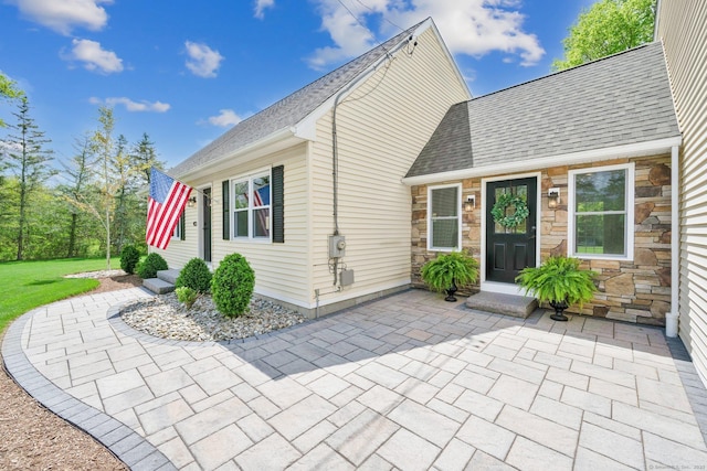 rear view of house with stone siding and roof with shingles