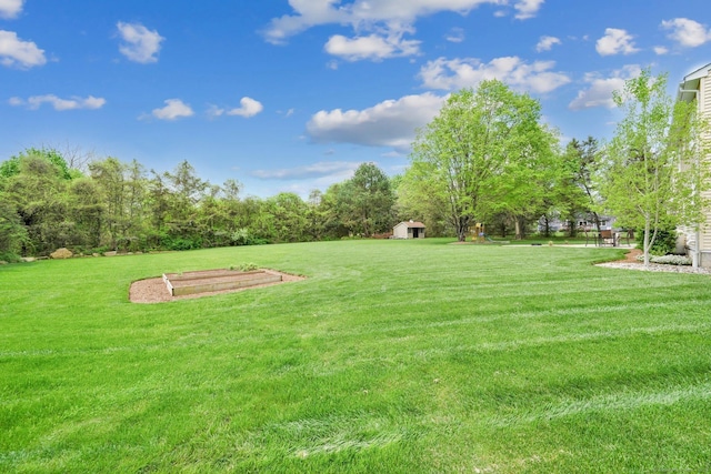 view of grassy yard featuring an outdoor structure