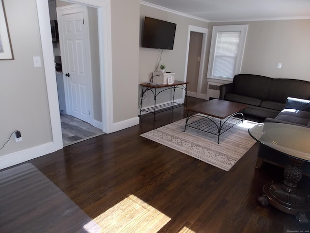 living room with ornamental molding, radiator heating unit, baseboards, and wood finished floors