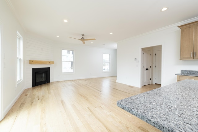 25 Oakwood Cir Unit 7, Plainville, CT 06062 - unfurnished living room with light wood-style floors, a large fireplace, ornamental molding, and ceiling fan