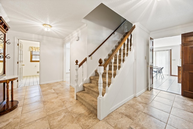 32 Woodmont Rd, Avon, CT 06001 - stairway featuring ornamental molding, plenty of natural light, baseboards, and tile patterned floors