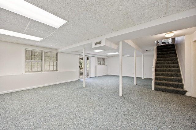 32 Woodmont Rd, Avon, CT 06001 - below grade area featuring stairs, carpet flooring, baseboards, and a paneled ceiling