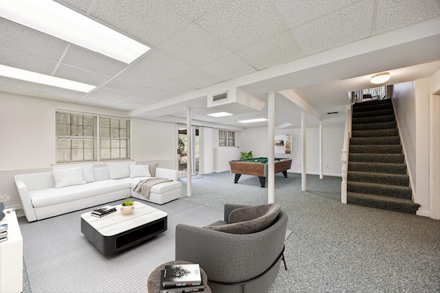 32 Woodmont Rd, Avon, CT 06001 - carpeted living area with pool table, stairs, a paneled ceiling, and baseboards