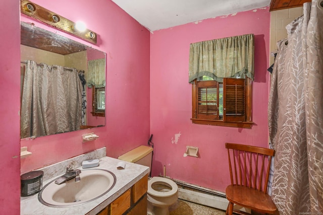 bathroom with a baseboard radiator, toilet, vanity, and a shower with curtain