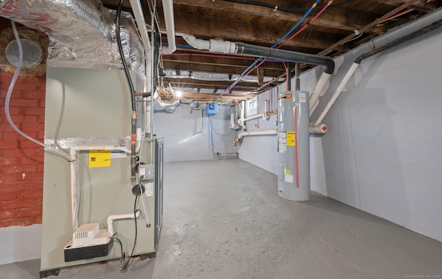 unfinished basement with heating unit and water heater