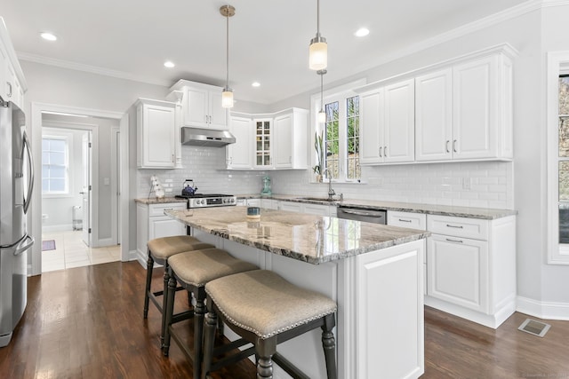 kitchen with visible vents, under cabinet range hood, white cabinets, stainless steel appliances, and a sink