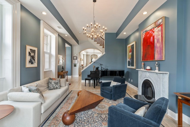 93 Elm St, Hartford, CT 06106 - living room with recessed lighting, stairway, wood finished floors, and baseboards