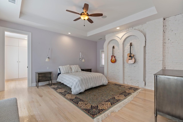 93 Elm St, Hartford, CT 06106 - bedroom with recessed lighting, a ceiling fan, light wood-style floors, and a tray ceiling