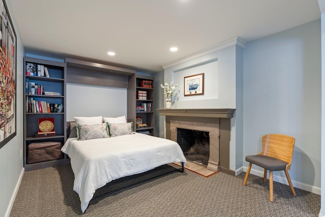 93 Elm St, Hartford, CT 06106 - carpeted bedroom with a fireplace, recessed lighting, and crown molding