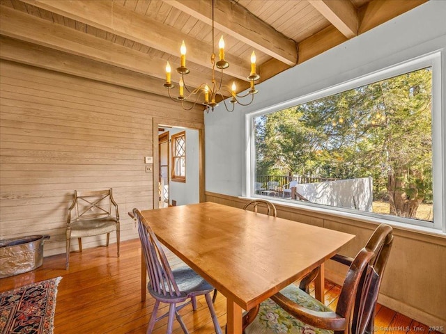 5 Old Pawson Rd, Branford, CT 06405 - dining space featuring a chandelier, beamed ceiling, wood walls, wood ceiling, and hardwood / wood-style floors