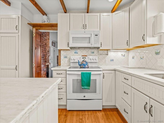 5 Old Pawson Rd, Branford, CT 06405 - kitchen with white appliances, light wood-type flooring, backsplash, and beam ceiling