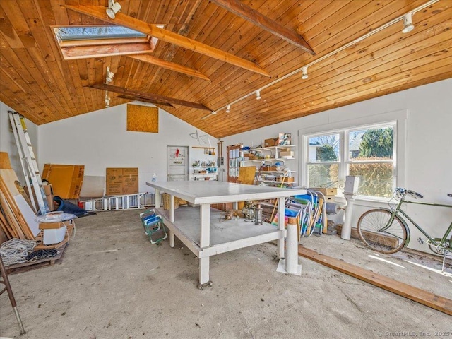 5 Old Pawson Rd, Branford, CT 06405 - miscellaneous room with lofted ceiling with skylight, track lighting, and wood ceiling