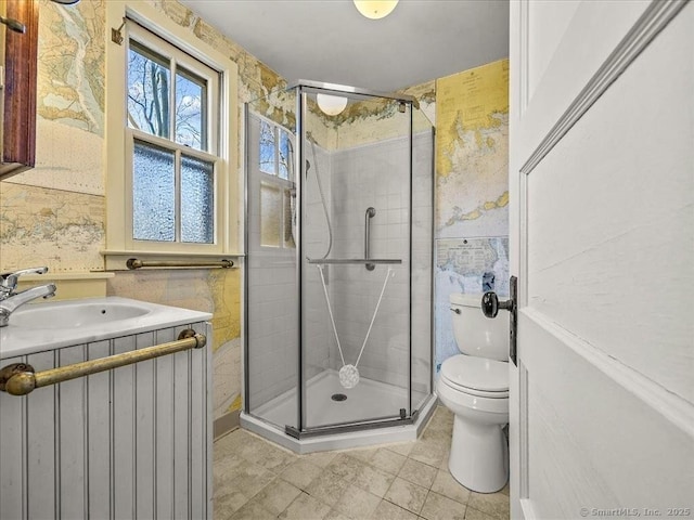 5 Old Pawson Rd, Branford, CT 06405 - full bathroom with toilet, a stall shower, wallpapered walls, and vanity