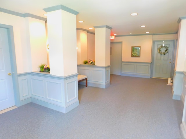 201 Windgate Cir Unit A, Monroe, CT 06468 - corridor with a decorative wall, light colored carpet, recessed lighting, crown molding, and a wainscoted wall