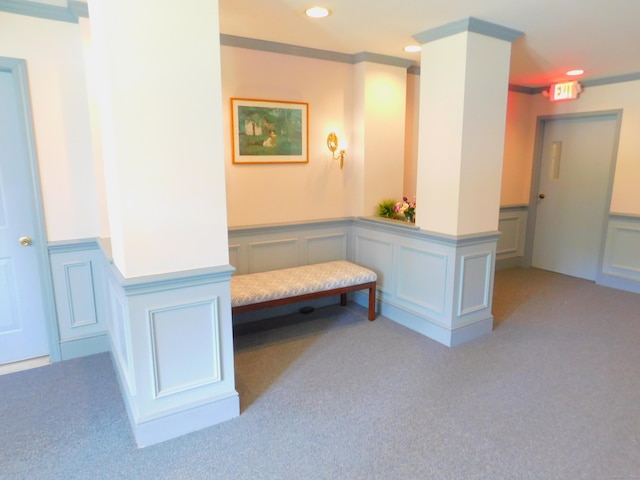 201 Windgate Cir Unit A, Monroe, CT 06468 - corridor with light carpet, a decorative wall, wainscoting, recessed lighting, and crown molding