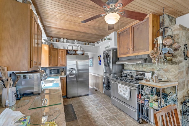 25 Brookbridge Dr, Newtown, CT 06482 - kitchen featuring wooden ceiling, appliances with stainless steel finishes, stacked washer and clothes dryer, and under cabinet range hood
