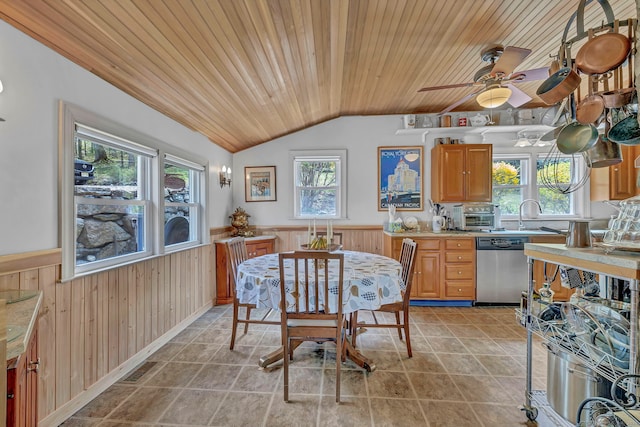 25 Brookbridge Dr, Newtown, CT 06482 - kitchen featuring stainless steel dishwasher, wood walls, wood ceiling, a wainscoted wall, and vaulted ceiling